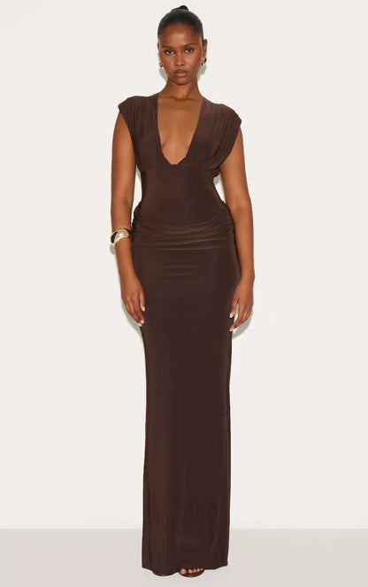 PLT Plunge Maxi | Chocolate Size 4, 8 & 12 Maxi Dress  Rents with Maggie